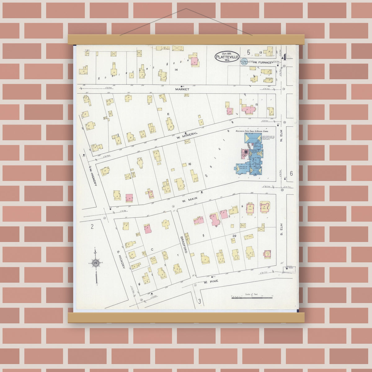 Old map wall art mockup — magnetic wood frame on brick wall — Sanborn Fire Insurance Map from Platteville, Grant County, Wisconsin (1915), Sheet #0004