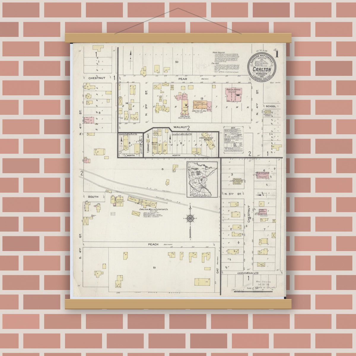 Old map wall art mockup — magnetic wood frame on brick wall — Sanborn Fire Insurance Map from Carlton, Carlton County, Minnesota (1914) - Complete Map Set
