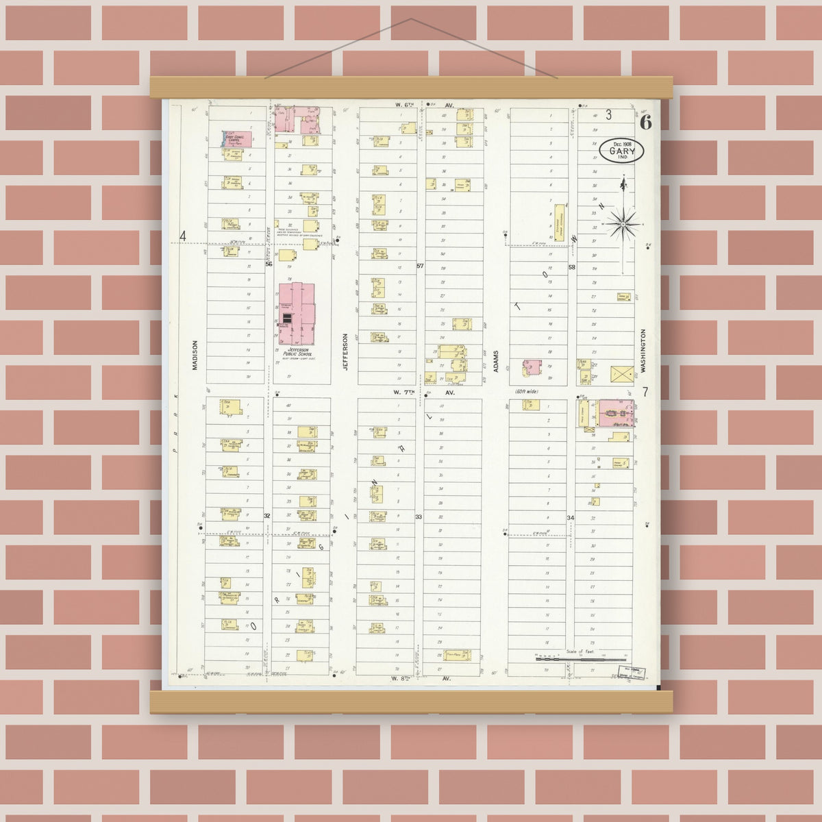 Old map wall art mockup — magnetic wood frame on brick wall — Sanborn Fire Insurance Map from Gary, Lake County, Indiana (1908), Sheet #0006