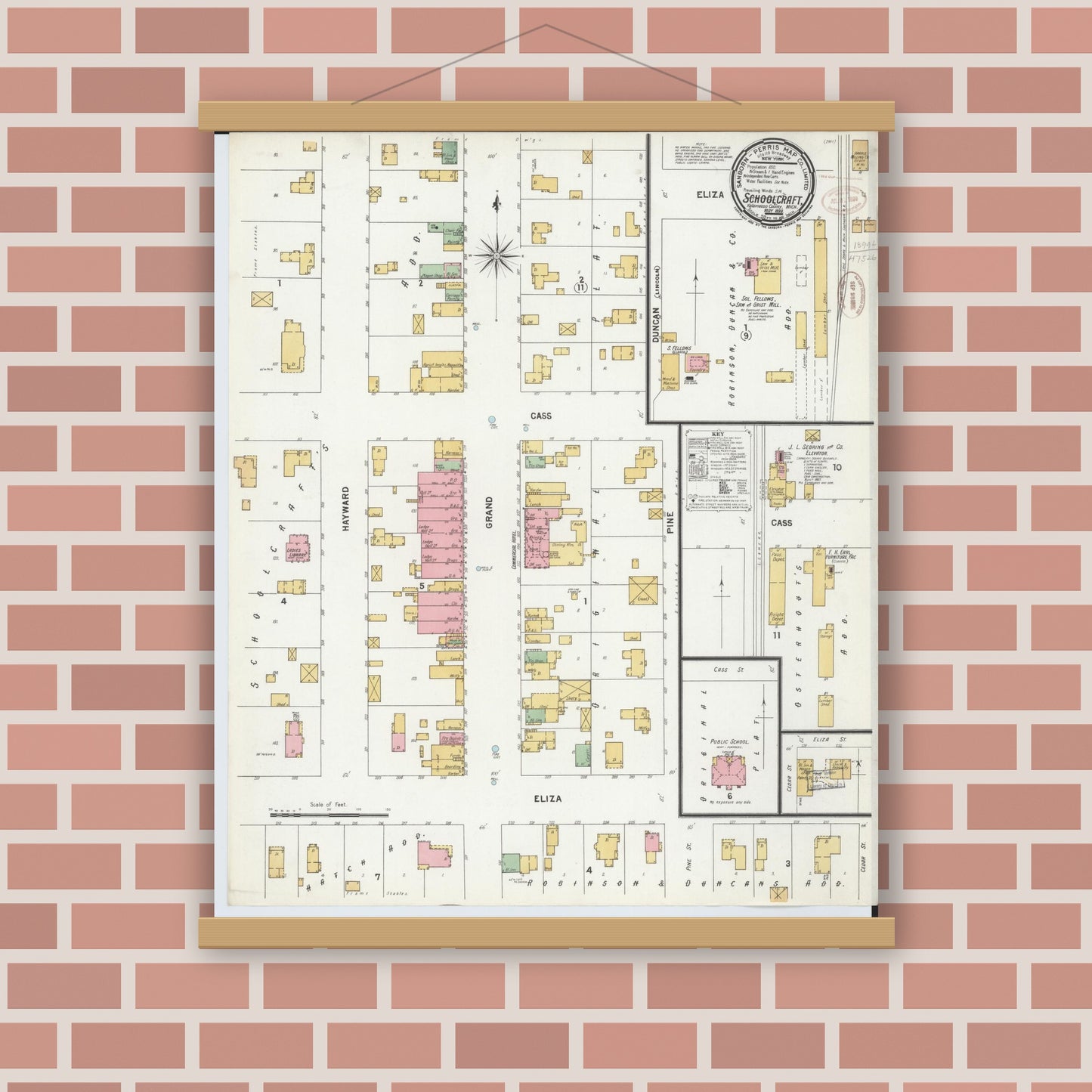 Old map wall art mockup — magnetic wood frame on brick wall — Sanborn Fire Insurance Map from Schoolcraft, Kalamazoo County, Michigan (1899), Sheet #0001