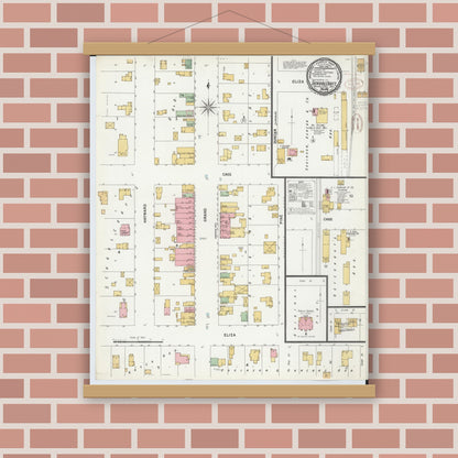 Old map wall art mockup — magnetic wood frame on brick wall — Sanborn Fire Insurance Map from Schoolcraft, Kalamazoo County, Michigan (1899), Sheet #0001