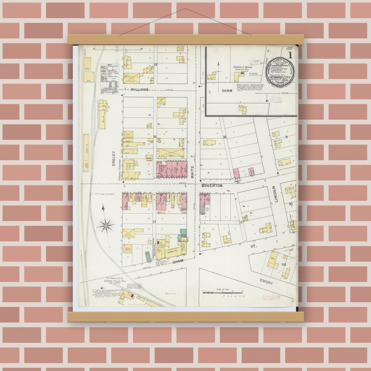 Old map wall art mockup — magnetic wood frame on brick wall — Sanborn Fire Insurance Map from Howard City, Montcalm County, Michigan (1892) - Complete Map Set