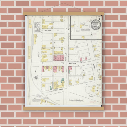 Old map wall art mockup — magnetic wood frame on brick wall — Sanborn Fire Insurance Map from Howard City, Montcalm County, Michigan (1892) - Complete Map Set