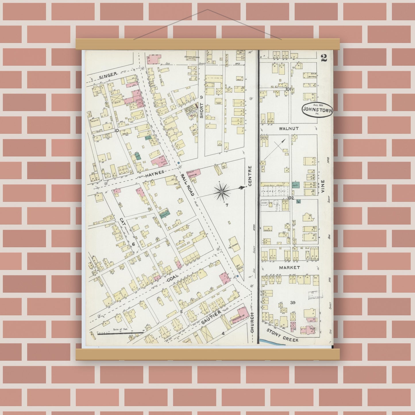Old map wall art mockup — magnetic wood frame on brick wall — Sanborn Fire Insurance Map from Johnstown, Cambria County, Pennsylvania (1891), Sheet #0002