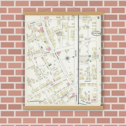 Old map wall art mockup — magnetic wood frame on brick wall — Sanborn Fire Insurance Map from Johnstown, Cambria County, Pennsylvania (1891), Sheet #0002