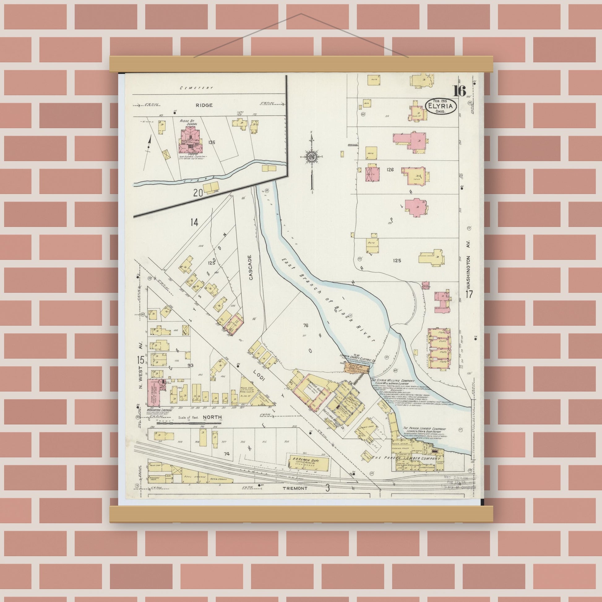 Old map wall art mockup — magnetic wood frame on brick wall — Sanborn Fire Insurance Map from Elyria, Lorain County, Ohio (1915), Sheet #0016