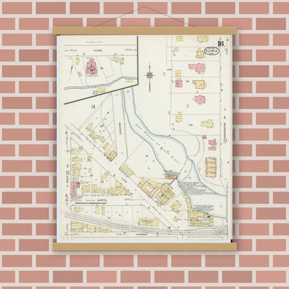 Old map wall art mockup — magnetic wood frame on brick wall — Sanborn Fire Insurance Map from Elyria, Lorain County, Ohio (1915), Sheet #0016