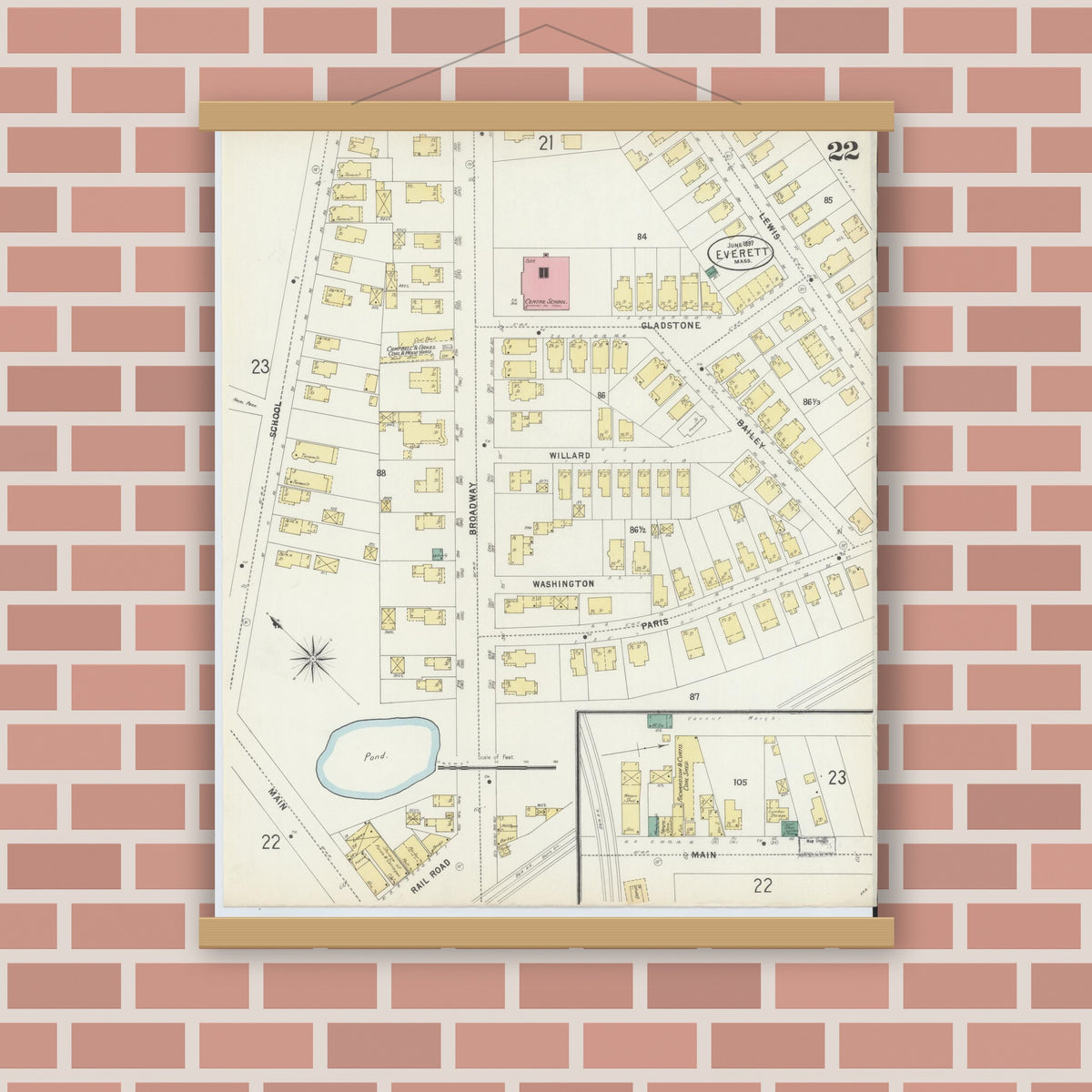 Old map wall art mockup — magnetic wood frame on brick wall — Sanborn Fire Insurance Map from Everett, Middlesex County, Massachusetts (1897), Sheet #0022