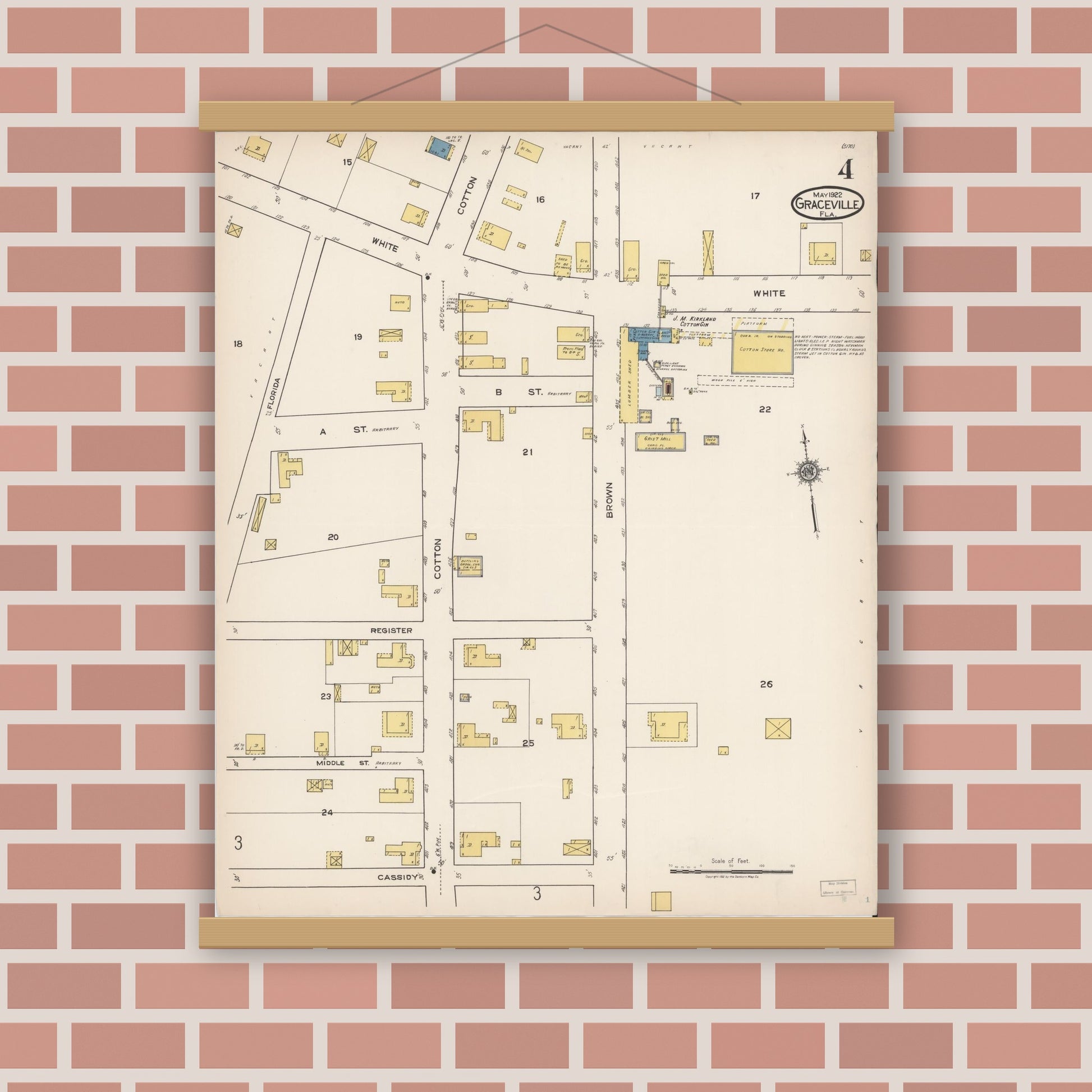 Old map wall art mockup — magnetic wood frame on brick wall — Sanborn Fire Insurance Map from Graceville, Jackson County, Florida (1922), Sheet #0004