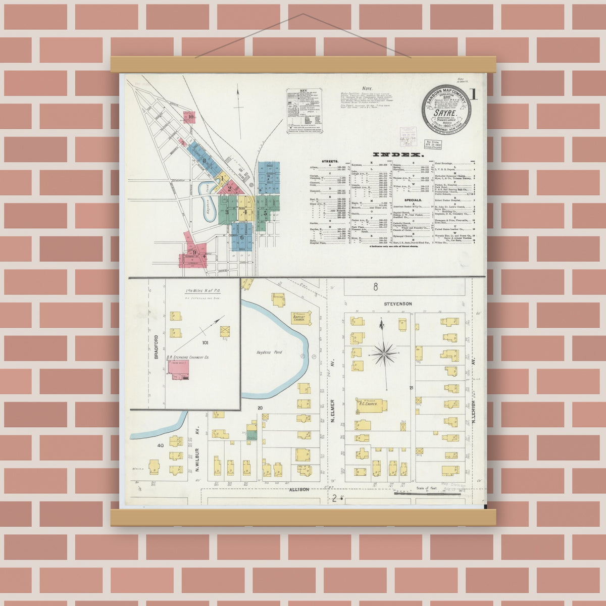Old map wall art mockup — magnetic wood frame on brick wall — Sanborn Fire Insurance Map from Sayre, Bradford County, Pennsylvania (1903) - Complete Map Set