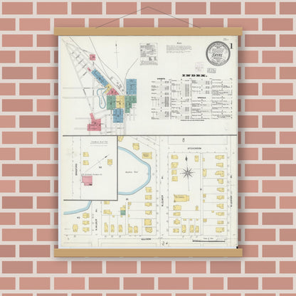 Old map wall art mockup — magnetic wood frame on brick wall — Sanborn Fire Insurance Map from Sayre, Bradford County, Pennsylvania (1903) - Complete Map Set