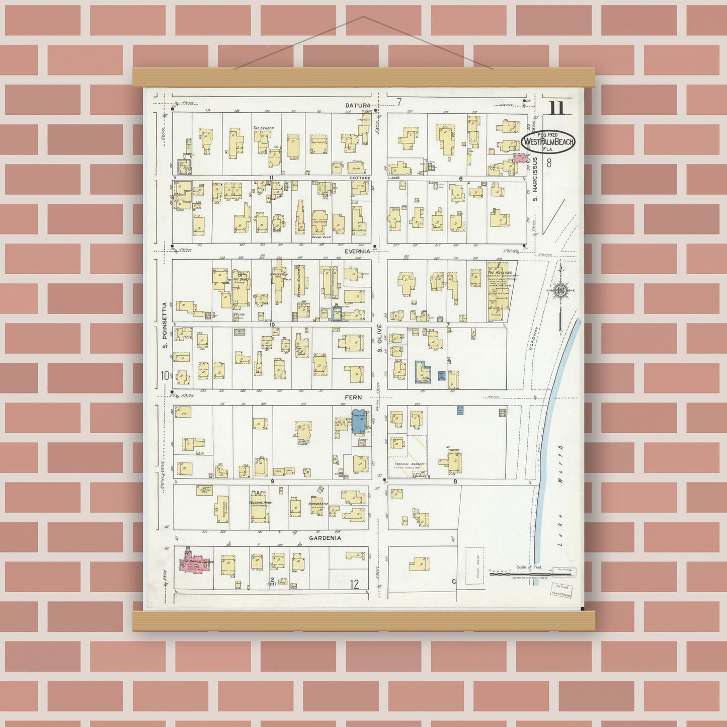 Old map wall art mockup — magnetic wood frame on brick wall — Sanborn Fire Insurance Map from West Palm Beach, Dade County, Florida (1920), Sheet #0011