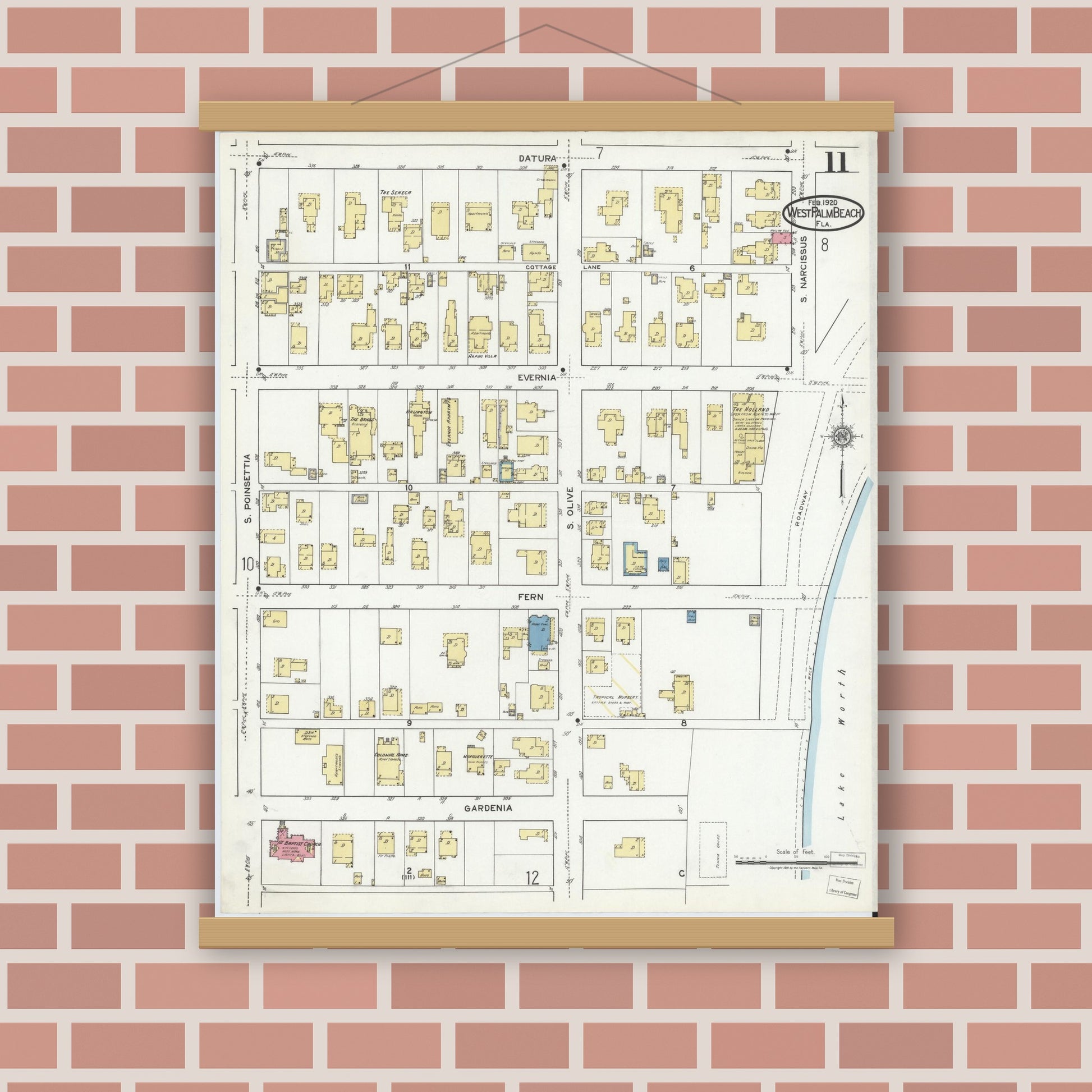 Old map wall art mockup — magnetic wood frame on brick wall — Sanborn Fire Insurance Map from West Palm Beach, Dade County, Florida (1920), Sheet #0011