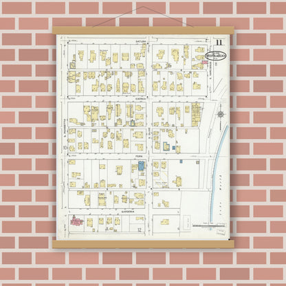 Old map wall art mockup — magnetic wood frame on brick wall — Sanborn Fire Insurance Map from West Palm Beach, Dade County, Florida (1920), Sheet #0011