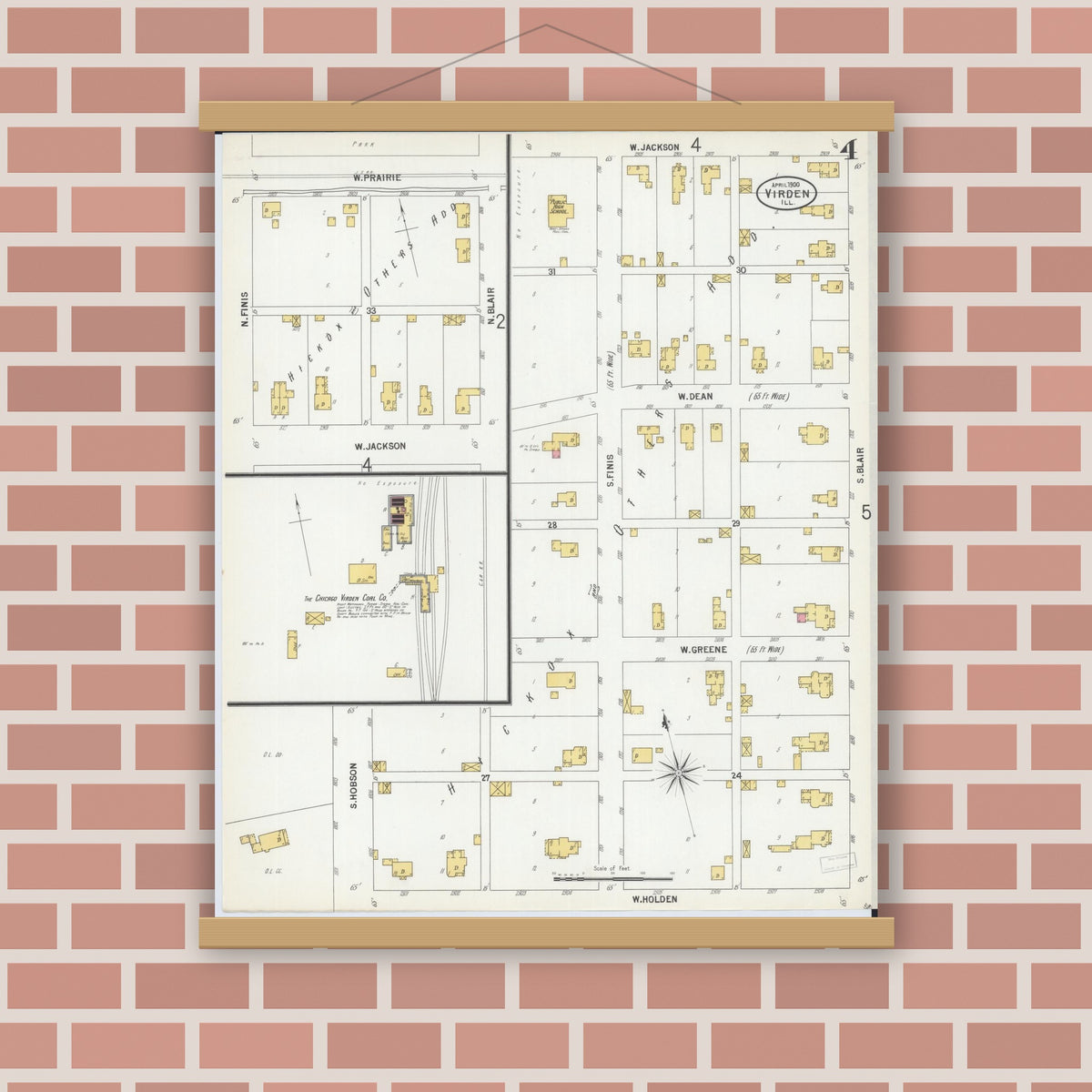 Old map wall art mockup — magnetic wood frame on brick wall — Sanborn Fire Insurance Map from Virden, Macoupin County, Illinois (1900), Sheet #0004