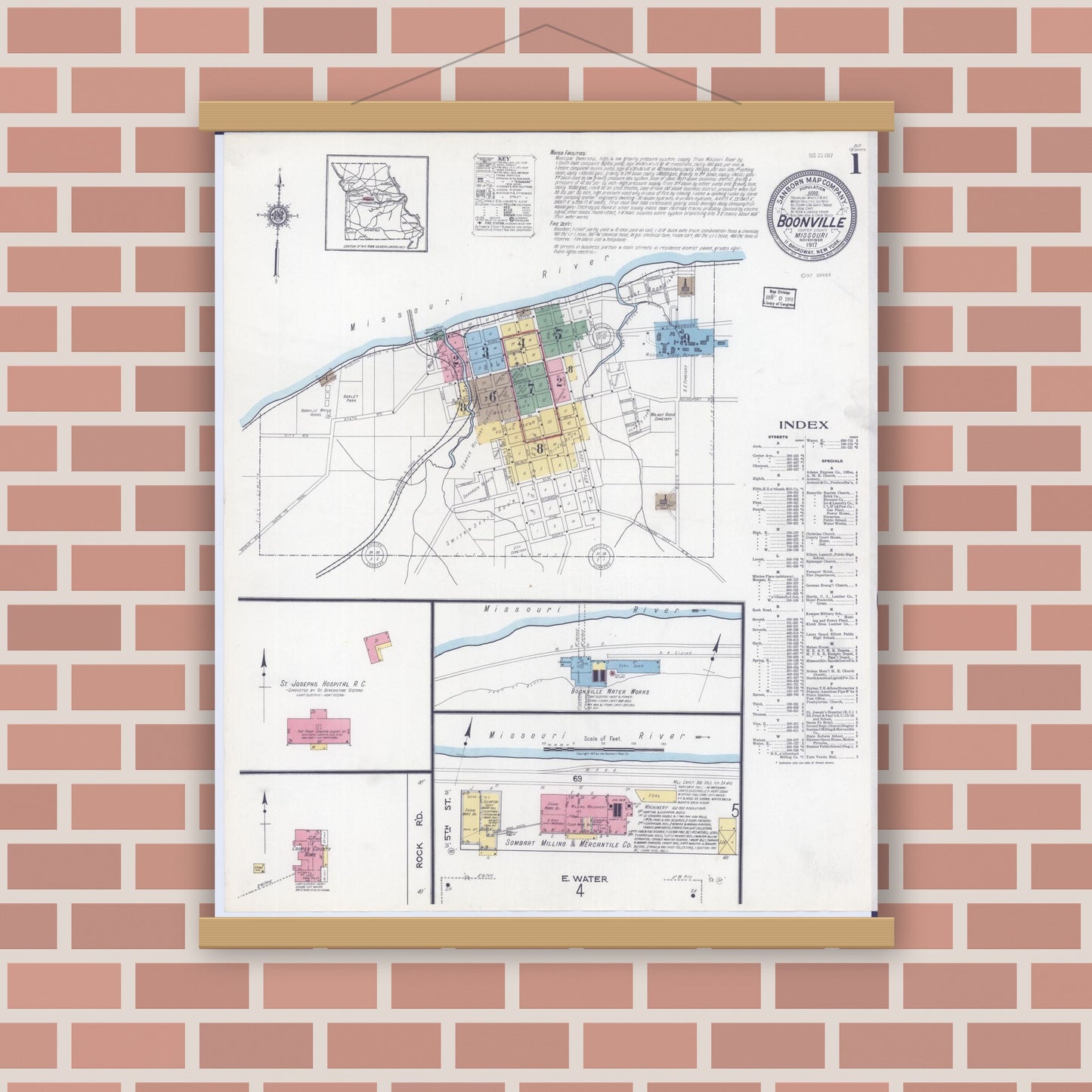Old map wall art mockup — magnetic wood frame on brick wall — Sanborn Fire Insurance Map from Boonville, Cooper County, Missouri (1917) - Complete Map Set