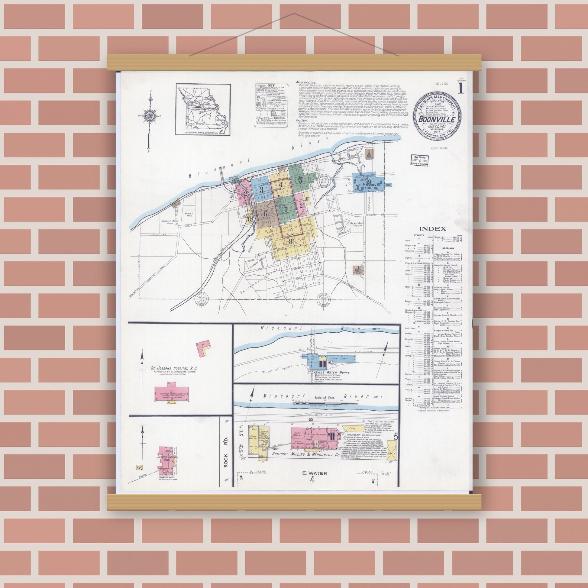 Old map wall art mockup — magnetic wood frame on brick wall — Sanborn Fire Insurance Map from Boonville, Cooper County, Missouri (1917) - Complete Map Set