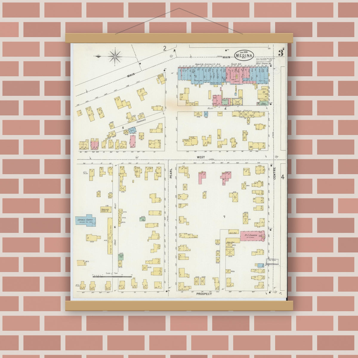 Old map wall art mockup — magnetic wood frame on brick wall — Sanborn Fire Insurance Map from Medina, Orleans County, New York (1898), Sheet #0003