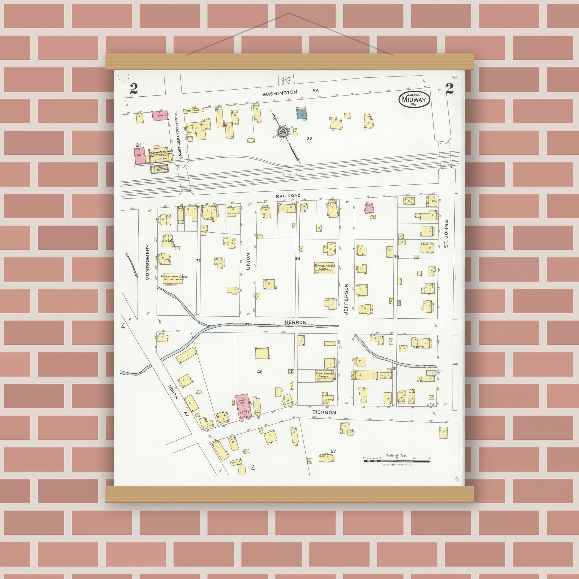Old map wall art mockup — magnetic wood frame on brick wall — Sanborn Fire Insurance Map from Midway, Washington County, Pennsylvania (1927), Sheet #0002