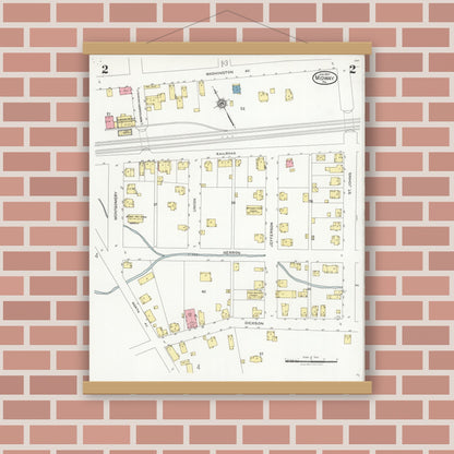 Old map wall art mockup — magnetic wood frame on brick wall — Sanborn Fire Insurance Map from Midway, Washington County, Pennsylvania (1927), Sheet #0002