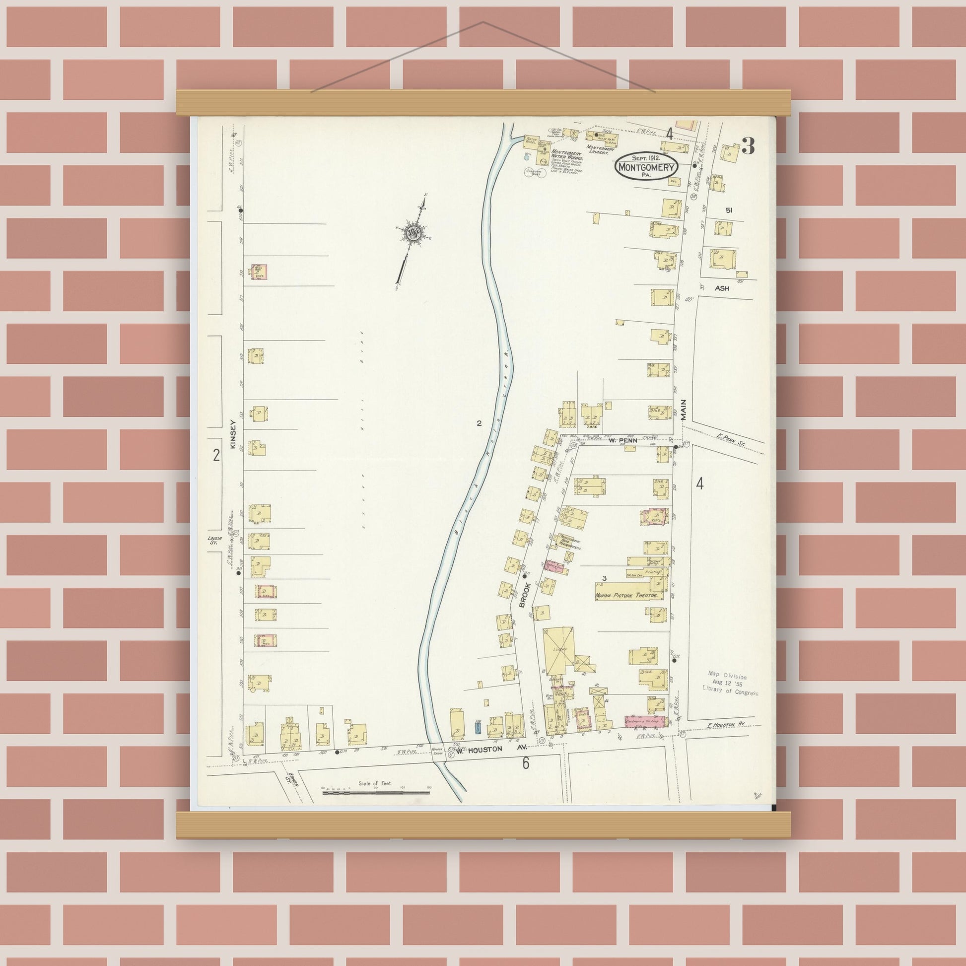 Old map wall art mockup — magnetic wood frame on brick wall — Sanborn Fire Insurance Map from Montgomery, Lycoming County, Pennsylvania (1912), Sheet #0003
