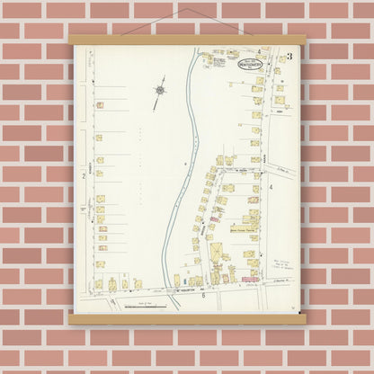 Old map wall art mockup — magnetic wood frame on brick wall — Sanborn Fire Insurance Map from Montgomery, Lycoming County, Pennsylvania (1912), Sheet #0003