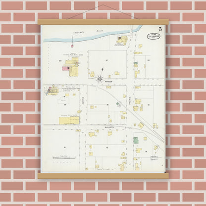 Old map wall art mockup — magnetic wood frame on brick wall — Sanborn Fire Insurance Map from Columbus, Colorado County, Texas (1896), Sheet #0005