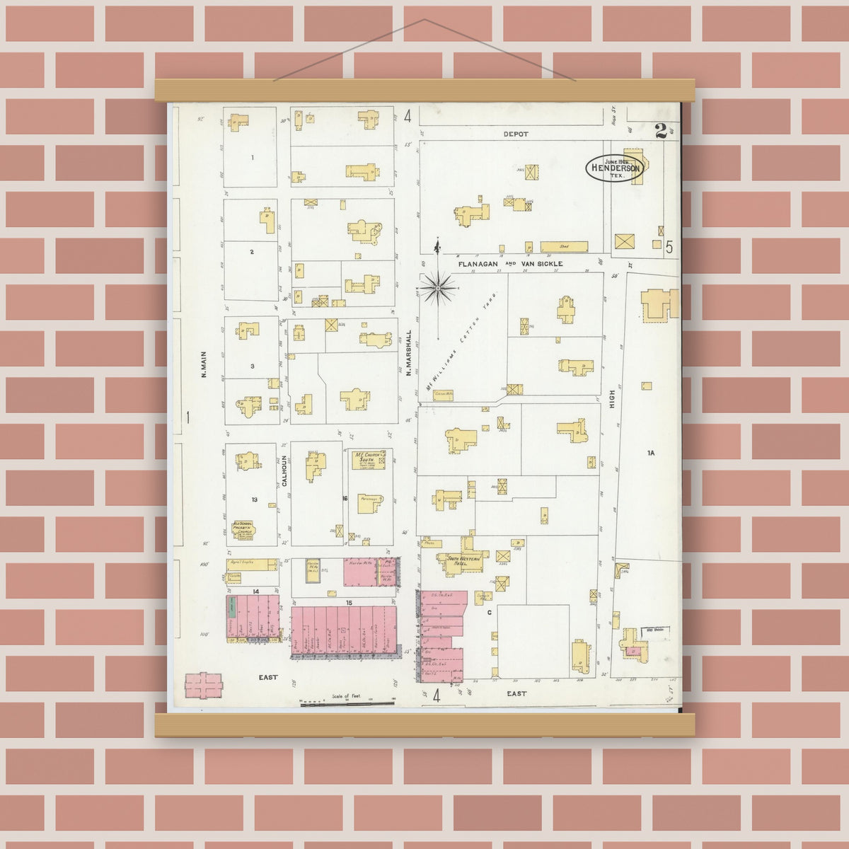 Old map wall art mockup — magnetic wood frame on brick wall — Sanborn Fire Insurance Map from Henderson, Rusk County, Texas (1906), Sheet #0002