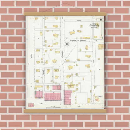 Old map wall art mockup — magnetic wood frame on brick wall — Sanborn Fire Insurance Map from Henderson, Rusk County, Texas (1906), Sheet #0002