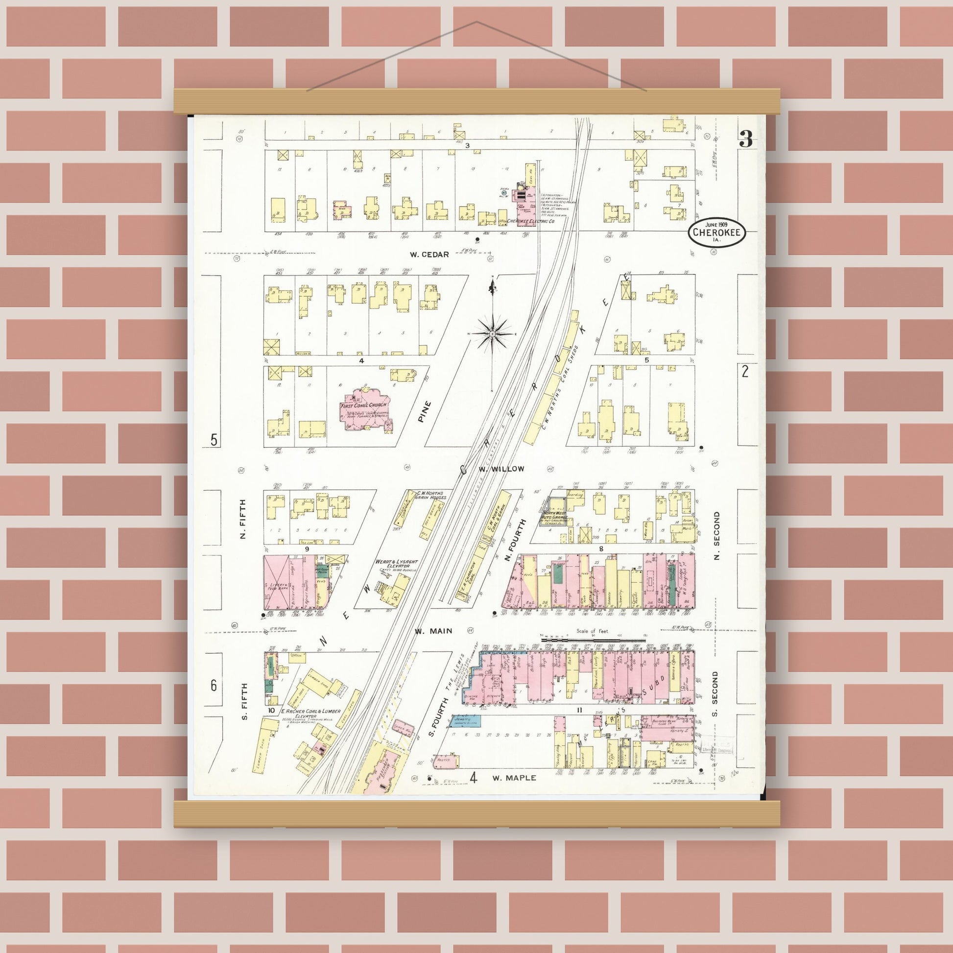 Old map wall art mockup — magnetic wood frame on brick wall — Sanborn Fire Insurance Map from Cherokee, Cherokee County, Iowa (1909), Sheet #0003