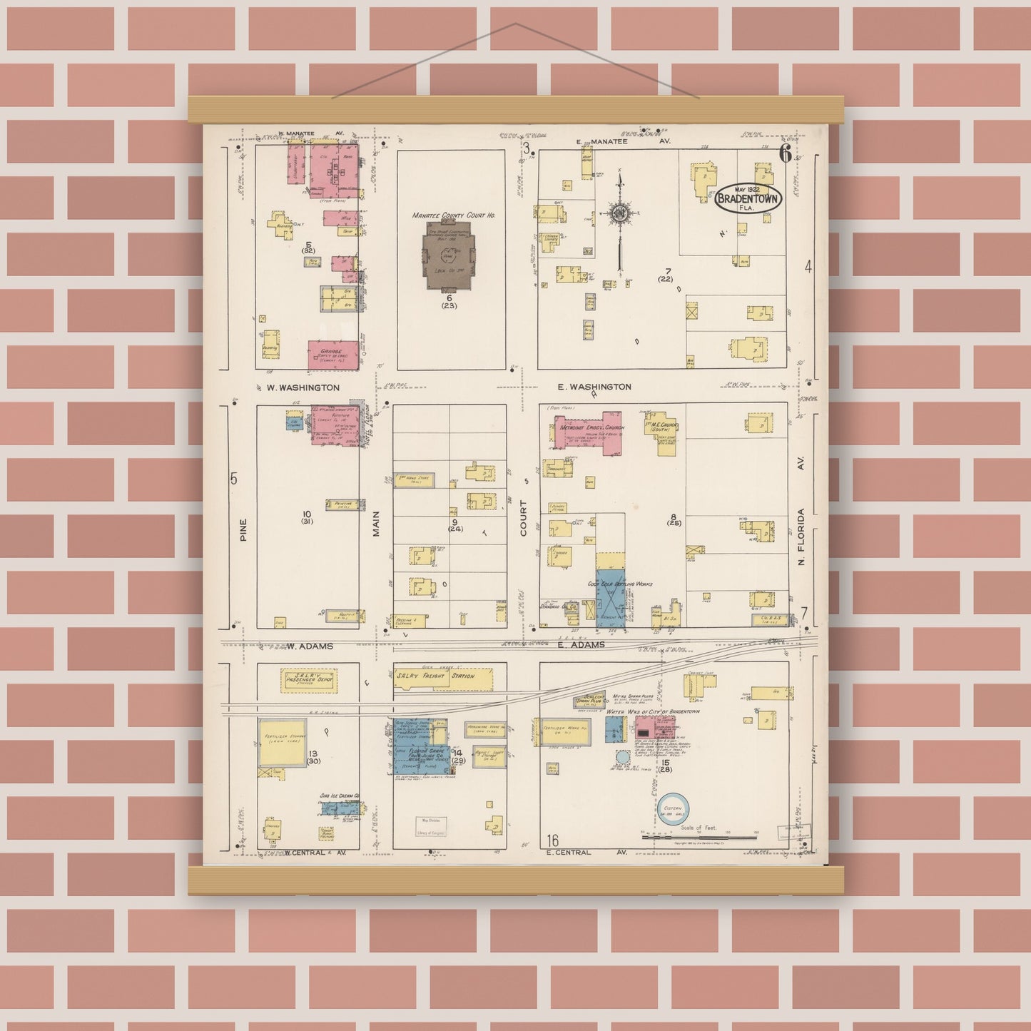 Old map wall art mockup — magnetic wood frame on brick wall — Sanborn Fire Insurance Map from Bradentown, Manatee County, Florida (1922), Sheet #0006
