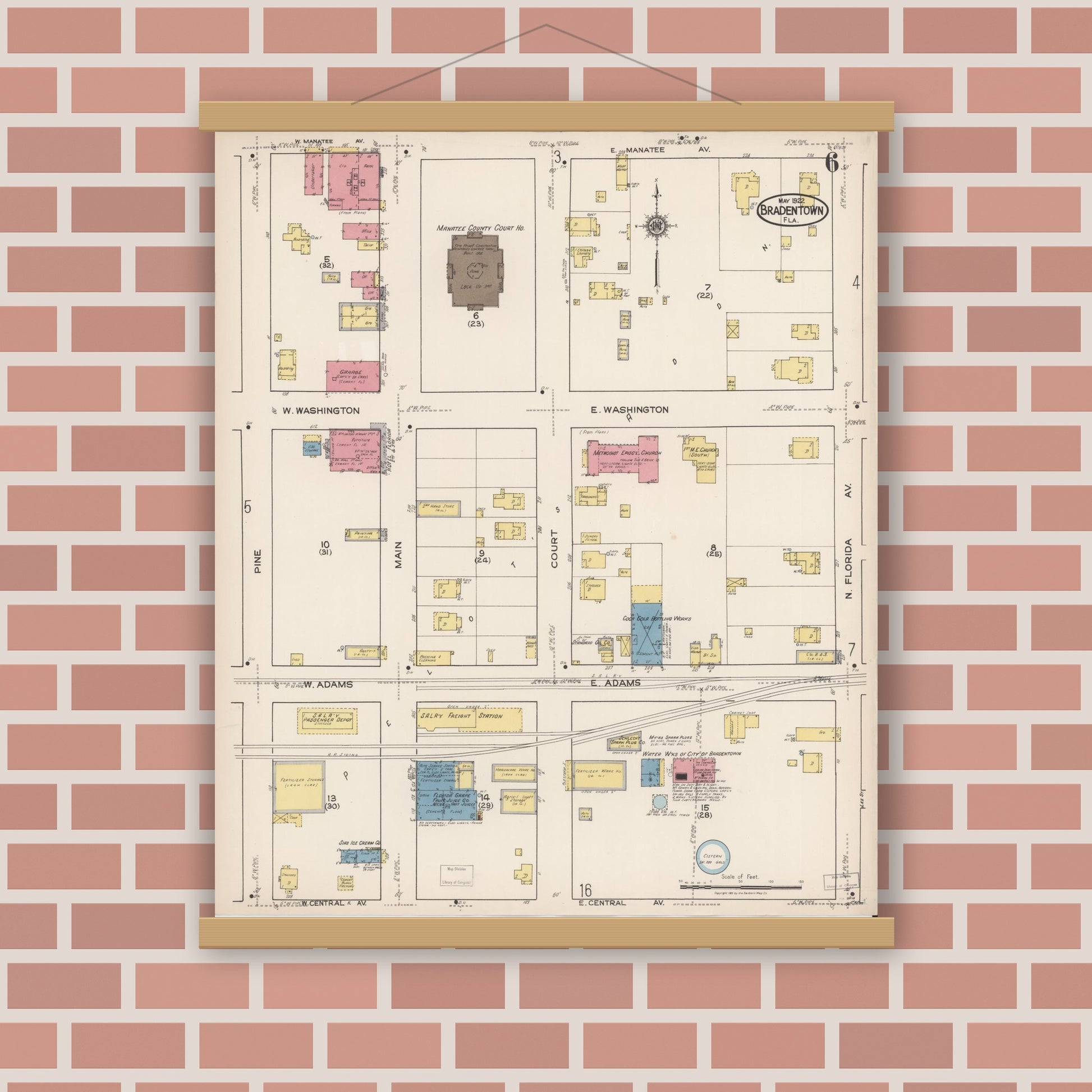 Old map wall art mockup — magnetic wood frame on brick wall — Sanborn Fire Insurance Map from Bradentown, Manatee County, Florida (1922), Sheet #0006