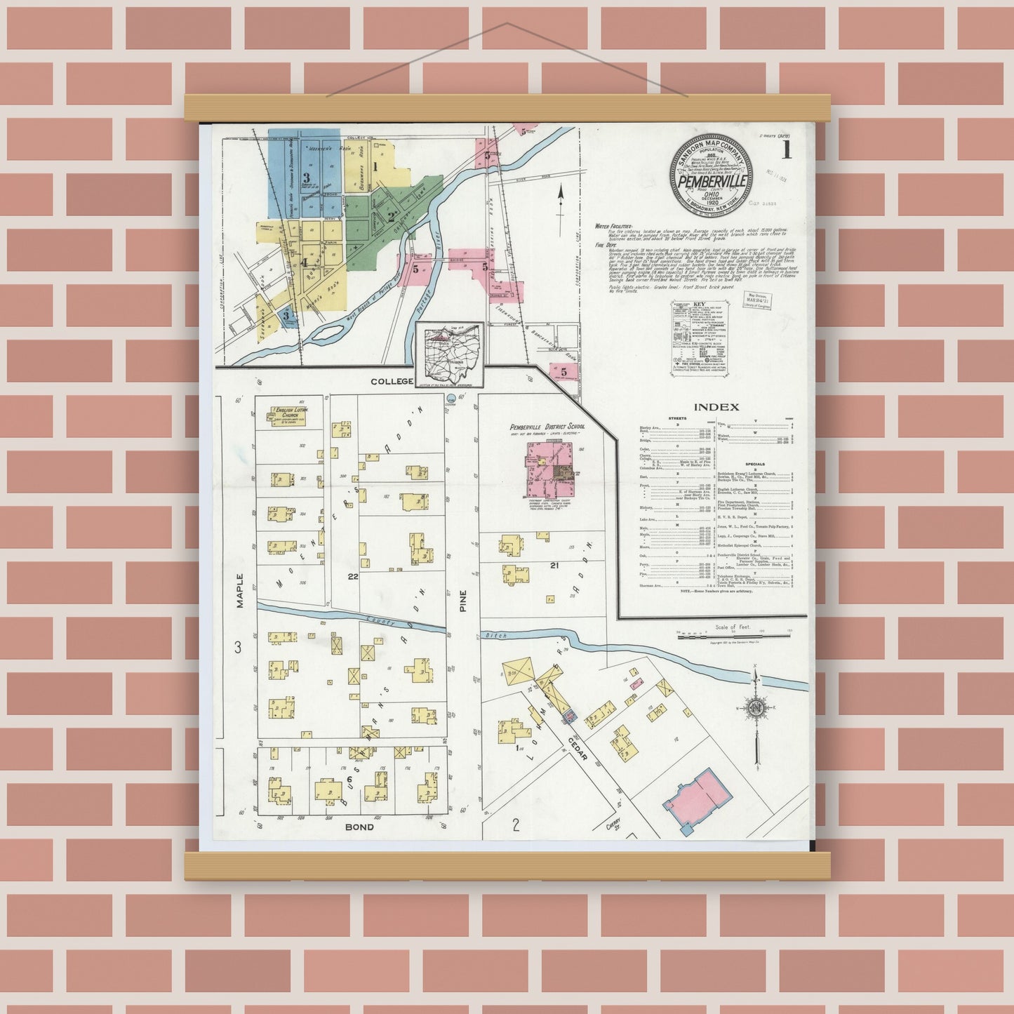 Old map wall art mockup — magnetic wood frame on brick wall — Sanborn Fire Insurance Map from Pemberville, Wood County, Ohio (1920) - Complete Map Set