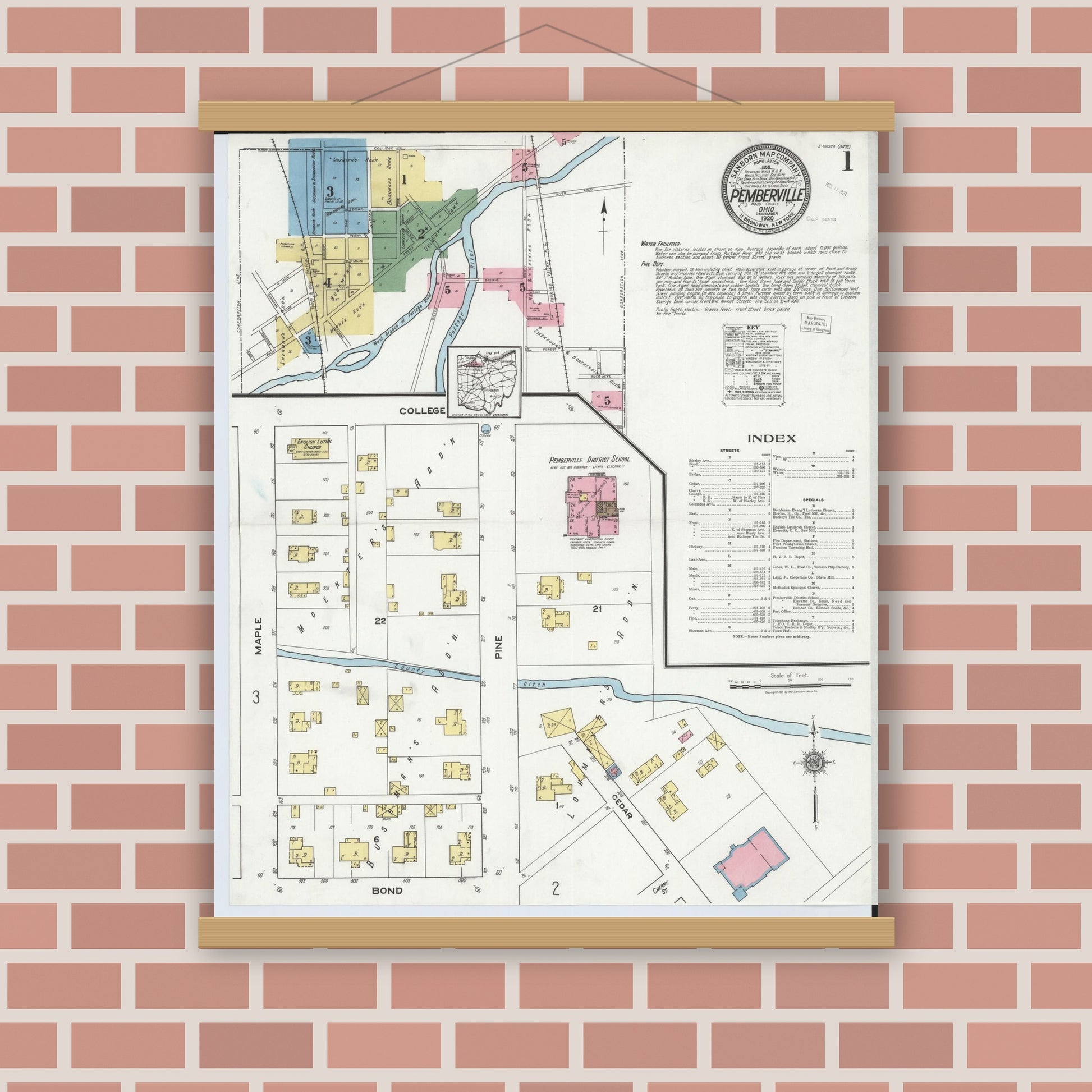Old map wall art mockup — magnetic wood frame on brick wall — Sanborn Fire Insurance Map from Pemberville, Wood County, Ohio (1920) - Complete Map Set