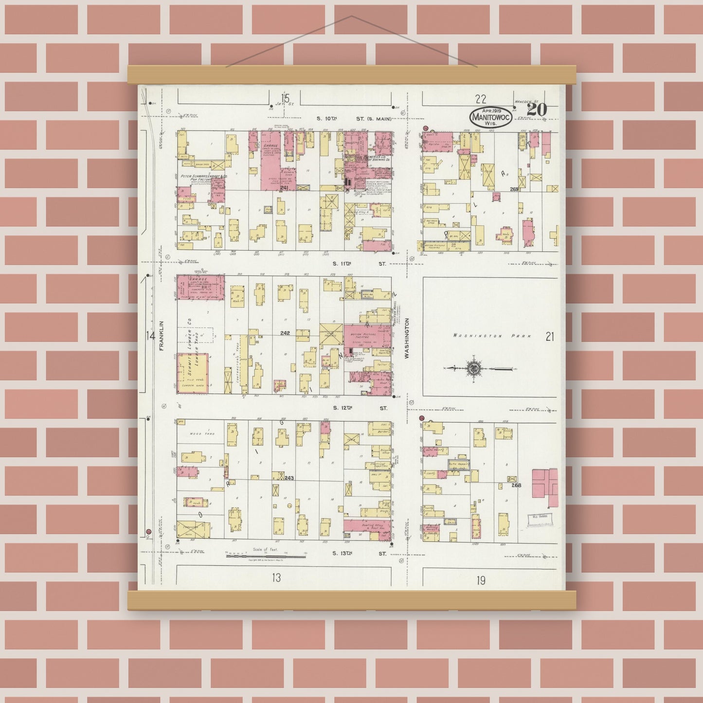 Old map wall art mockup — magnetic wood frame on brick wall — Sanborn Fire Insurance Map from Manitowoc, Manitowoc County, Wisconsin (1919), Sheet #0020