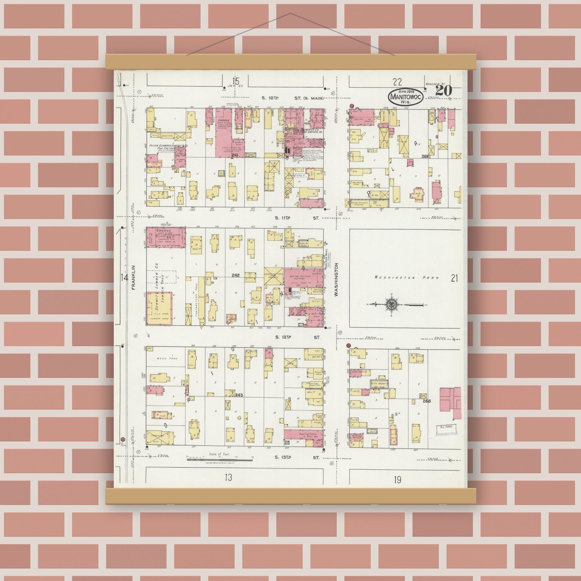 Old map wall art mockup — magnetic wood frame on brick wall — Sanborn Fire Insurance Map from Manitowoc, Manitowoc County, Wisconsin (1919), Sheet #0020