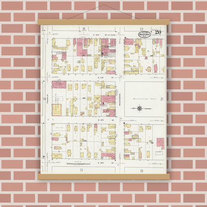 Old map wall art mockup — magnetic wood frame on brick wall — Sanborn Fire Insurance Map from Manitowoc, Manitowoc County, Wisconsin (1919), Sheet #0020
