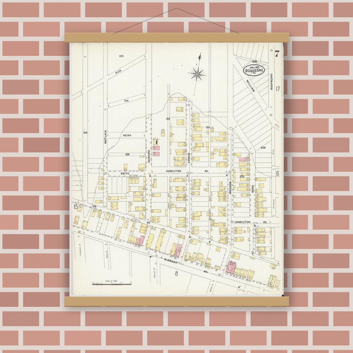 Old map wall art mockup — magnetic wood frame on brick wall — Sanborn Fire Insurance Map from Duquesne, Allegheny County, Pennsylvania (1907), Sheet #0007