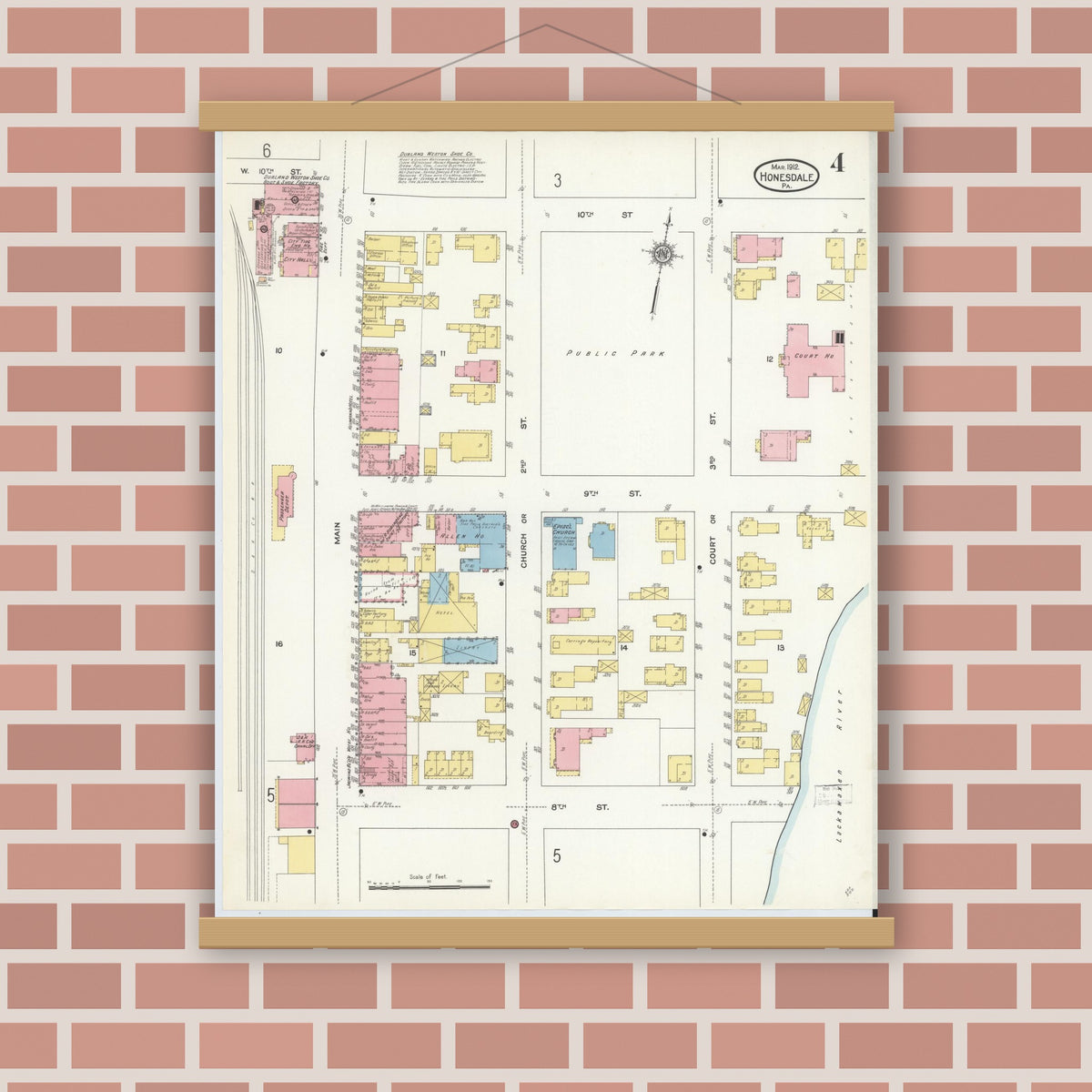 Old map wall art mockup — magnetic wood frame on brick wall — Sanborn Fire Insurance Map from Honesdale, Wayne County, Pennsylvania (1912), Sheet #0004