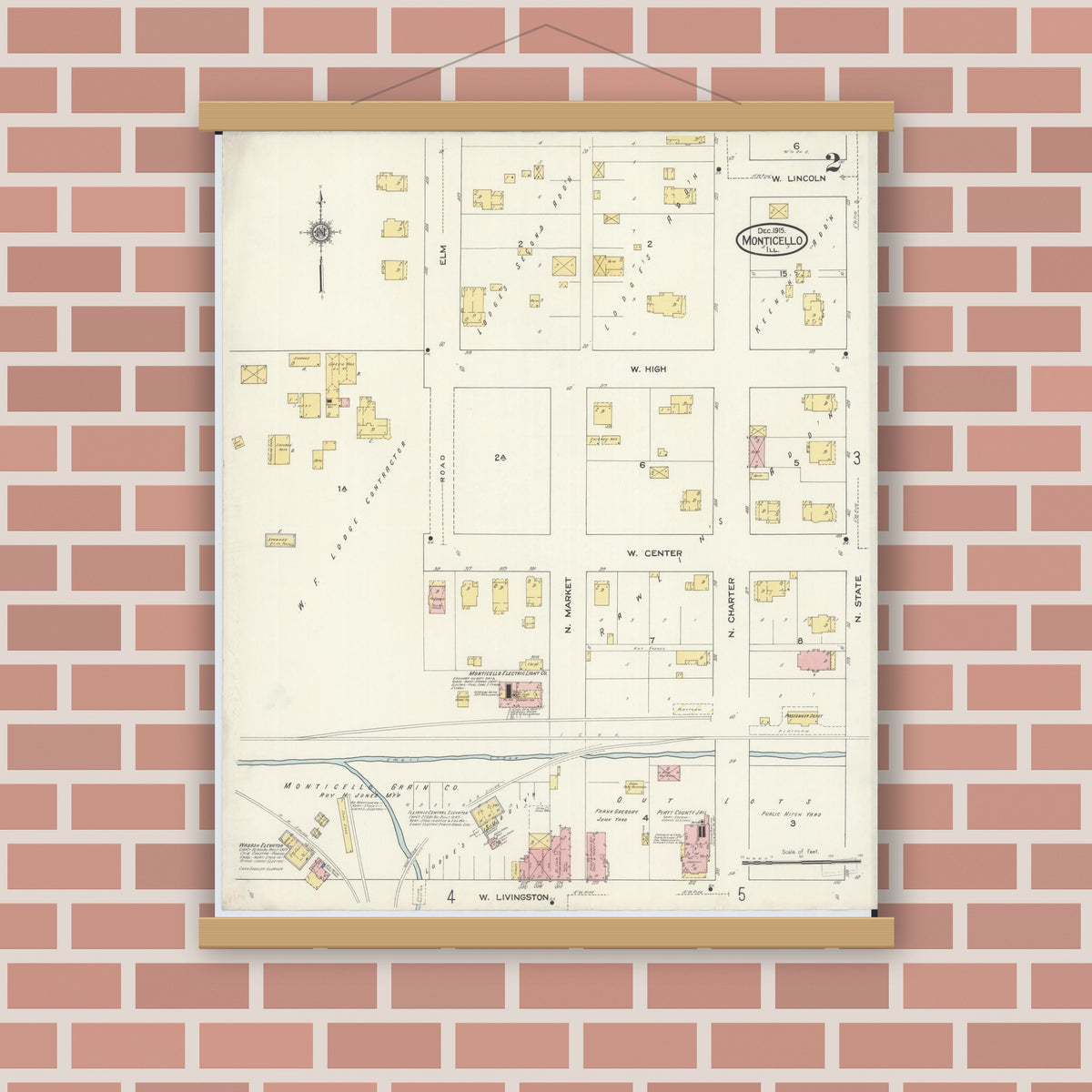 Old map wall art mockup — magnetic wood frame on brick wall — Sanborn Fire Insurance Map from Monticello, Piatt County, Illinois (1915), Sheet #0002