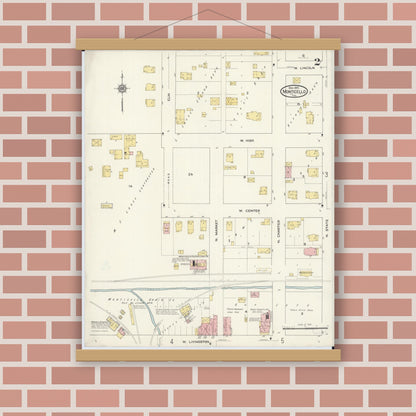 Old map wall art mockup — magnetic wood frame on brick wall — Sanborn Fire Insurance Map from Monticello, Piatt County, Illinois (1915), Sheet #0002