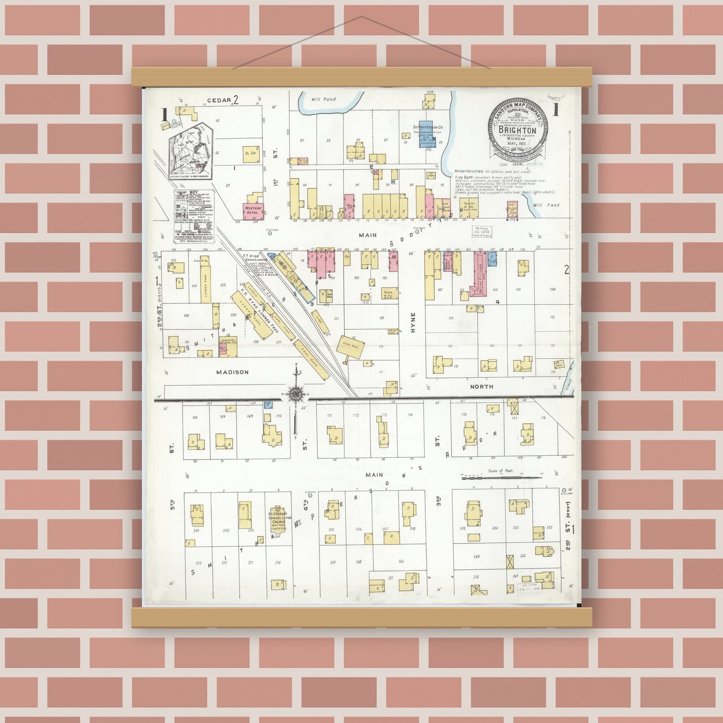 Old map wall art mockup — magnetic wood frame on brick wall — Sanborn Fire Insurance Map from Brighton, Livingston County, Michigan (1923) - Complete Map Set