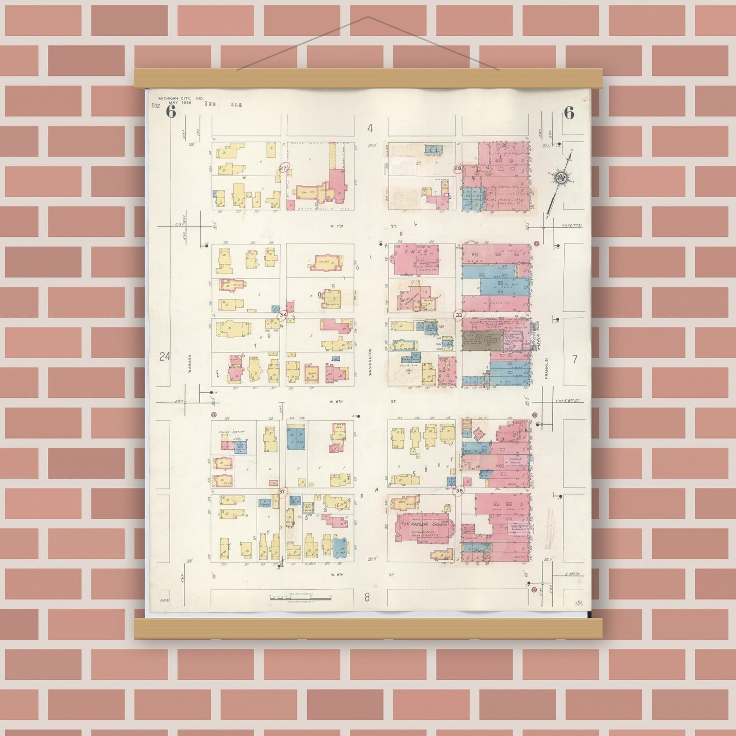 Old map wall art mockup — magnetic wood frame on brick wall — Sanborn Fire Insurance Map from Michigan City, La Porte County, Indiana (1948), Sheet #0006
