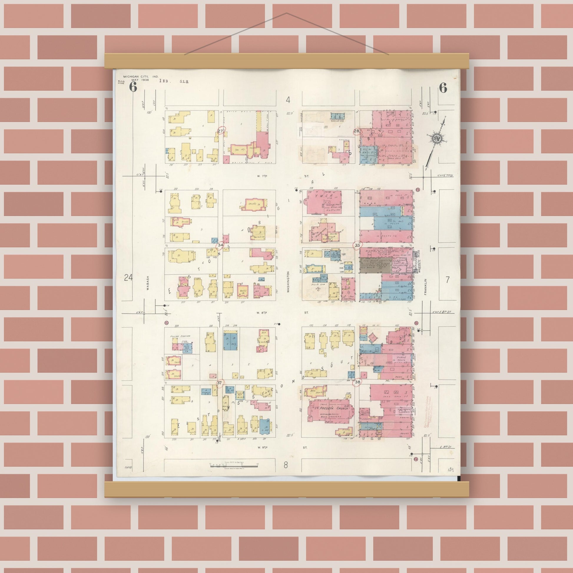 Old map wall art mockup — magnetic wood frame on brick wall — Sanborn Fire Insurance Map from Michigan City, La Porte County, Indiana (1948), Sheet #0006