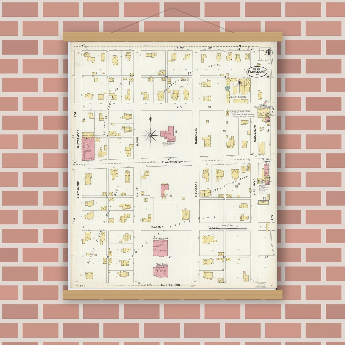 Old map wall art mockup — magnetic wood frame on brick wall — Sanborn Fire Insurance Map from Fairmount, Grant County, Indiana (1902), Sheet #0004