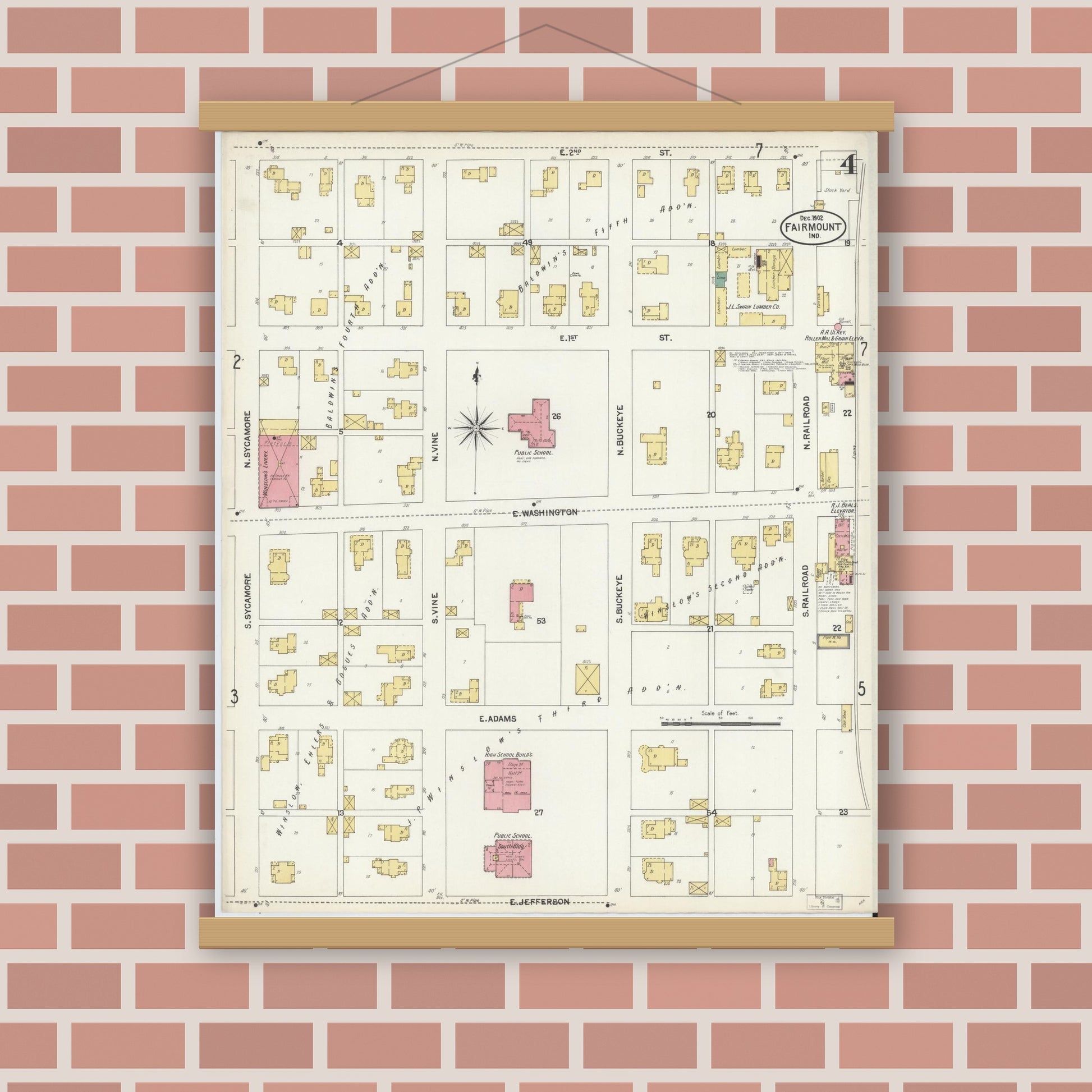 Old map wall art mockup — magnetic wood frame on brick wall — Sanborn Fire Insurance Map from Fairmount, Grant County, Indiana (1902), Sheet #0004