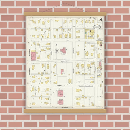 Old map wall art mockup — magnetic wood frame on brick wall — Sanborn Fire Insurance Map from Fairmount, Grant County, Indiana (1902), Sheet #0004