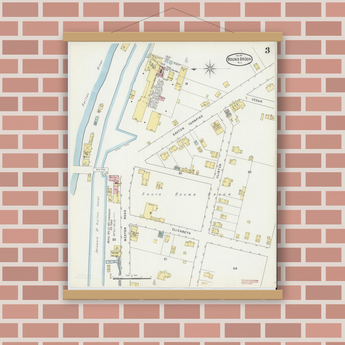 Old map wall art mockup — magnetic wood frame on brick wall — Sanborn Fire Insurance Map from Bound Brook, Somerset County, New Jersey (1895), Sheet #0003