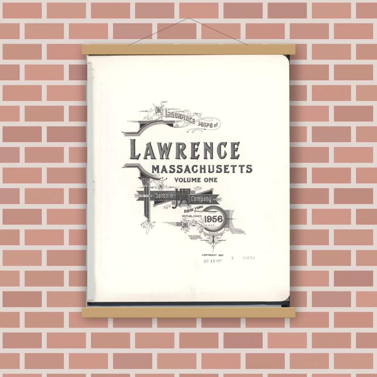 Old map wall art mockup — magnetic wood frame on brick wall — Sanborn Fire Insurance Map from Lawrence, Essex County, Massachusetts (1956), Sheet #0001