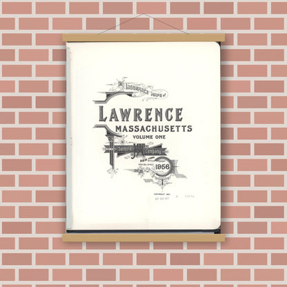 Old map wall art mockup — magnetic wood frame on brick wall — Sanborn Fire Insurance Map from Lawrence, Essex County, Massachusetts (1956), Sheet #0001